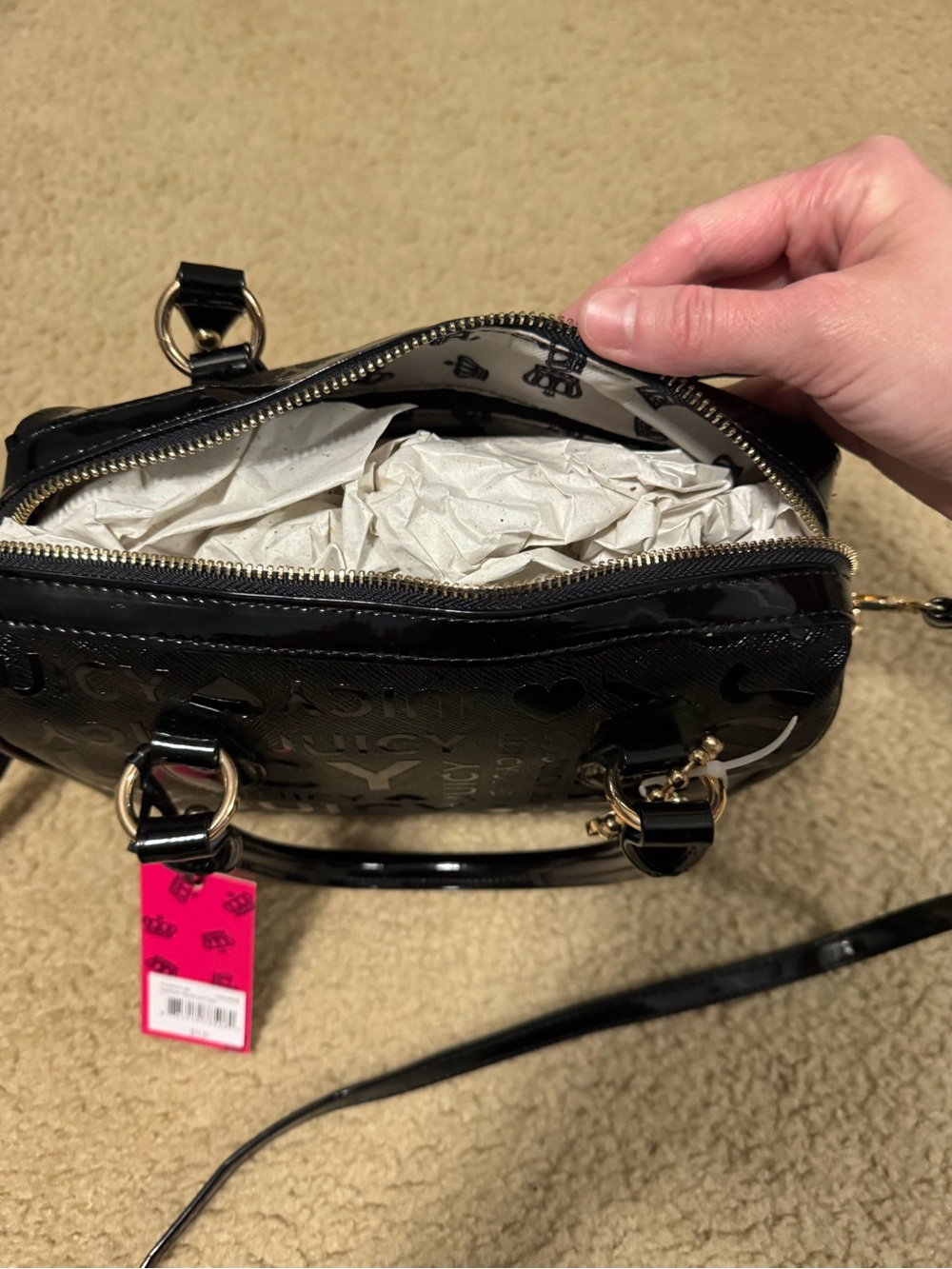 Juicy Couture Black Patent Logo Satchel with Gold Hardware - Picture 3 of 10
